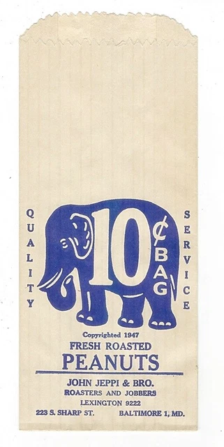 Elephant Peanuts Fresh Roasted 10¢ Bag 1947 John Jeppi & Bro Baltimore MD