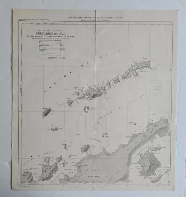 1925 MAP of EXPEDITION ANTARCTIQUE FRANCAISE SHETLANDS DE SUD antique
