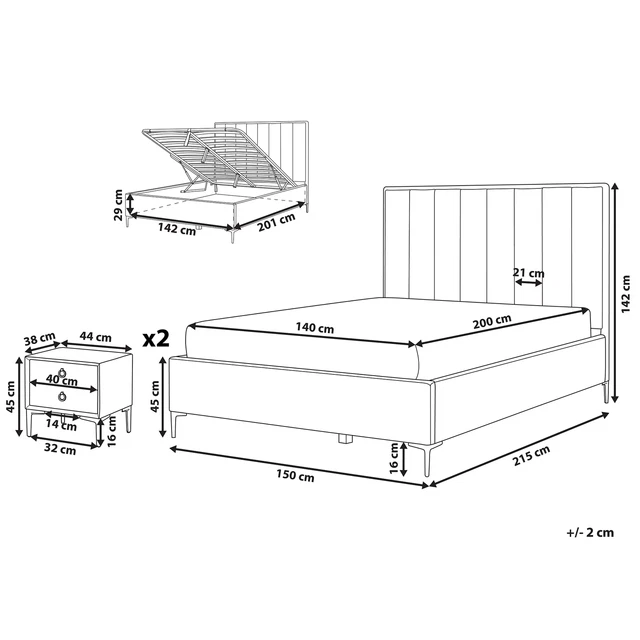 Ensemble de Chambre à Coucher Lit Double 140 x 200 cm avec Coffre et 2 Tables d 3