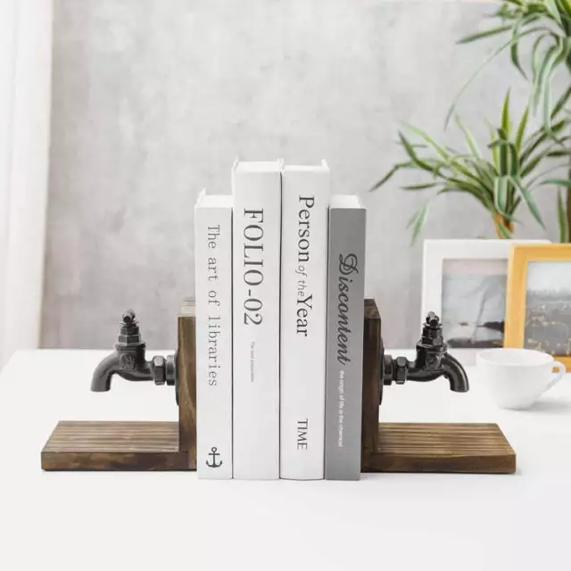 Burnt Wood Bookends for Heavy Books with Cast Iron Faucet Spigot Design, 1 Pair