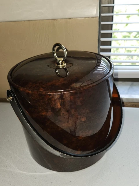 Vintage Georges Briard Brown Marbled Vinyl Ice Bucket Tortoise Gold Tone Accents