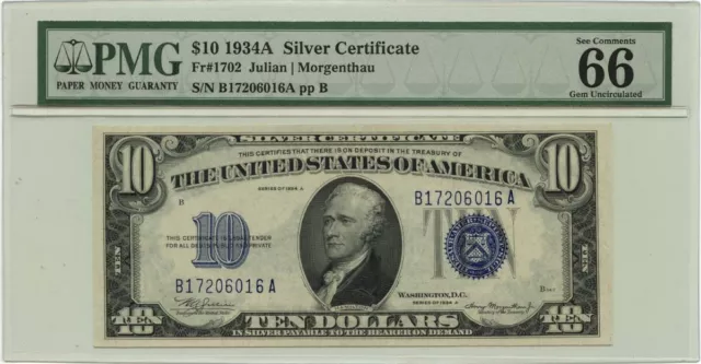 1934A $10 Silver Certificate Blue Julian Morgenthau Fr# 1702 PMG GEM 66 EPQ