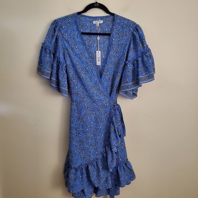 Max Studio NWT Floral Ruffle Wrap Dress Blue Gold Lily Fields Size XL