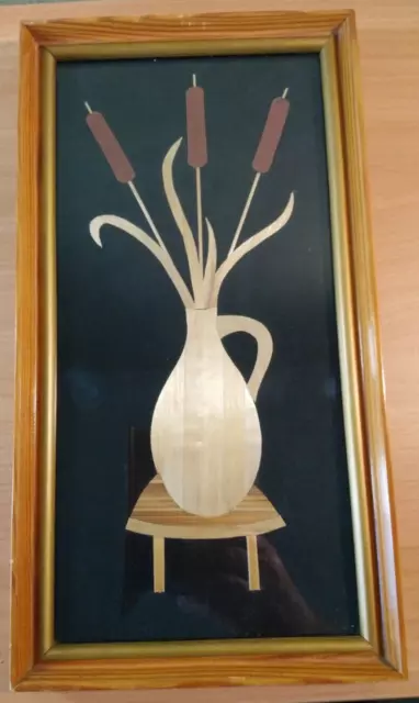 Altes  Strohbild,  Vase mit Rohrkolben, verglast, Kunsthandwerk Retro 60er Jahre