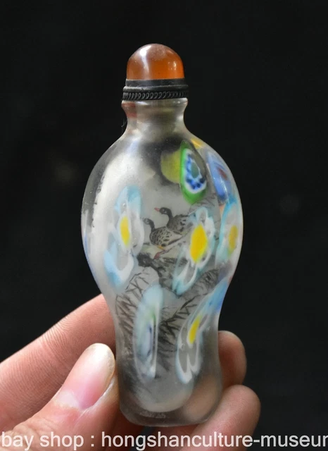3.4" Old Chinese Glass Painting Dynasty Cranes Bird Snuff box Snuff Bottle