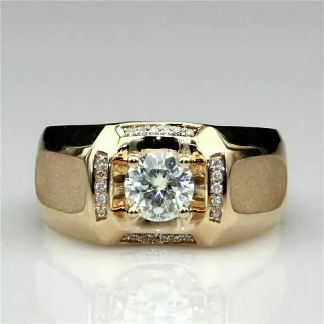 Men's 2Ct Round Cut Moissanite Solitaire Engagement Ring 14K Yellow Gold Plated