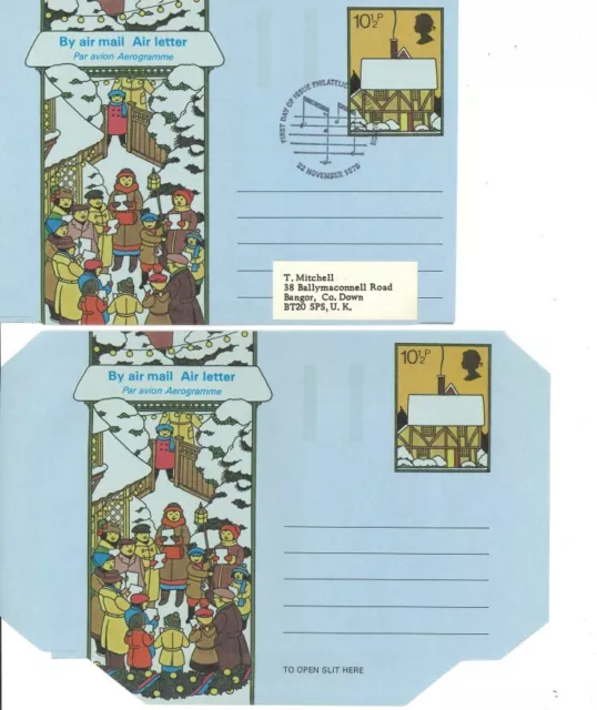 2 x GB Briefmarken Aerogramm/Luftbrief APS41 101/2p Baum,Weihnachtslieder,Schnee Weihnachten 1978