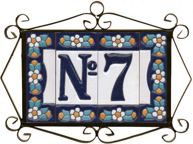 7.5 x 3.5cm Spanish Ceramic Blue Floral Number & Letter Tiles & Metal Frames