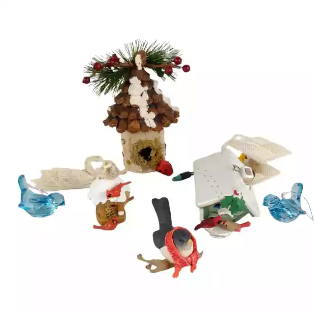 Set of 8 Woodland Bird Rustic Christmas Winter Ornaments, Vintage Hallmark Wood+