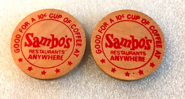 2 Vtg Free Coffee Wooden Nickle Nickel Coin Sambo's Restaurant 1960's NOS New