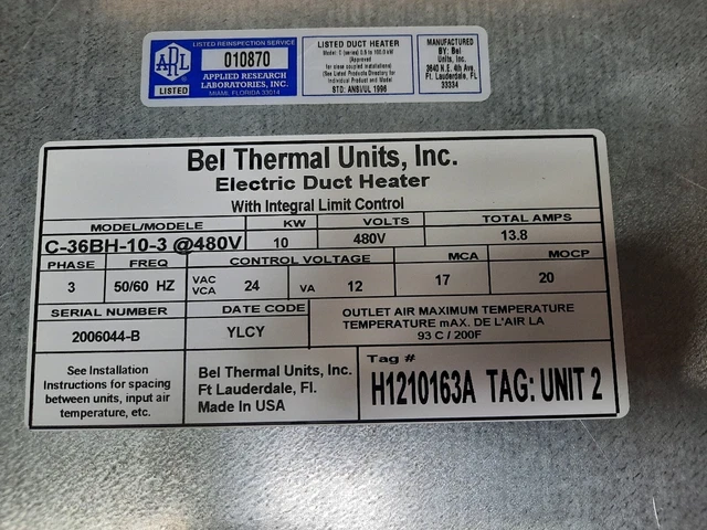 Bel Thermal Units Heater  C-36Bh-10-3  10Kw 480V 3Ph Made For First Company- Br2