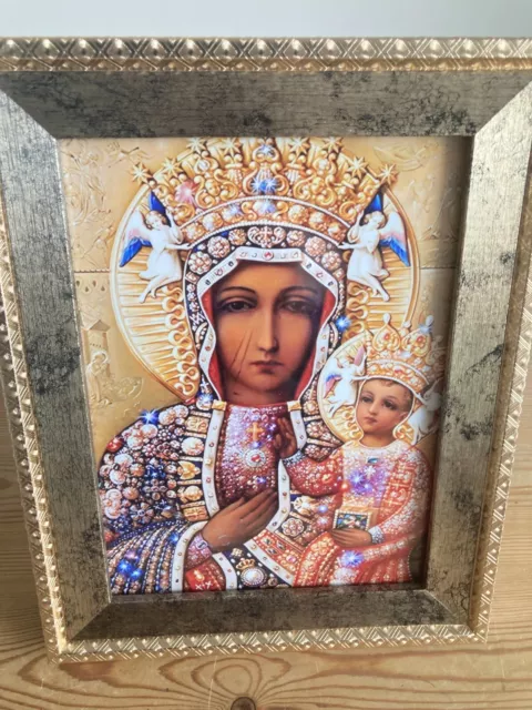 Our Lady of Czestochowa Catholic Icon Gold Picture Frame Poland 10x8