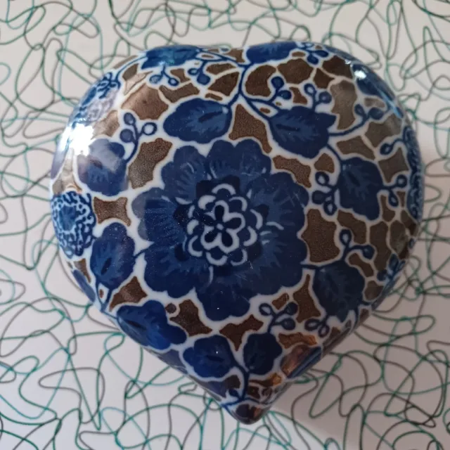Takahashi Heart Shaped Trinket Box Blue Flowers with Brown