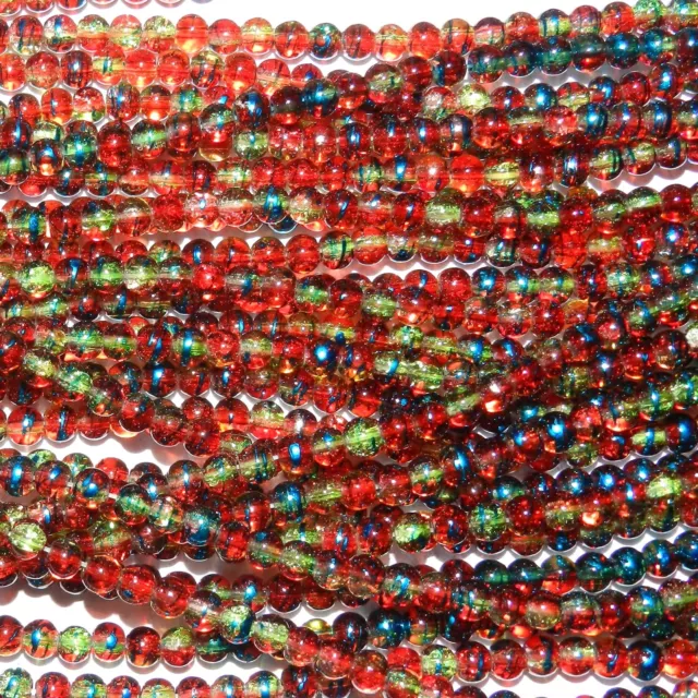 G3940 Red & Yellow Metallic Drawbench Swirl 4mm Round Crackle Glass Beads 32" 2