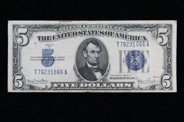 $5 1934D blue seal Silver Certificate Circulated T79231066A Exact Note Shown