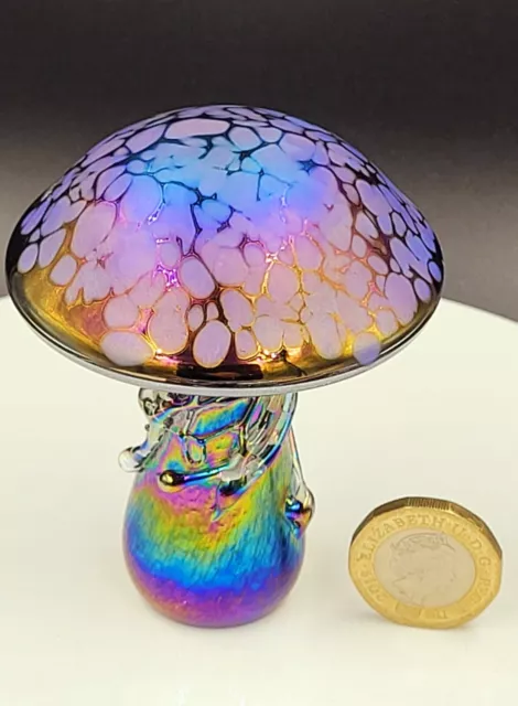 Neo Art Glass handmade purple iridescent mushroom paperweight signed K.Heaton 2