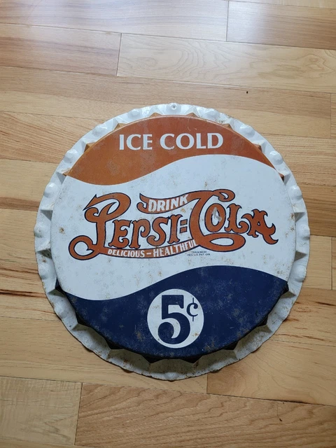 Vintage Ice Cold Pepsi-Cola Metal Bottle Cap Sign .05 Nickel