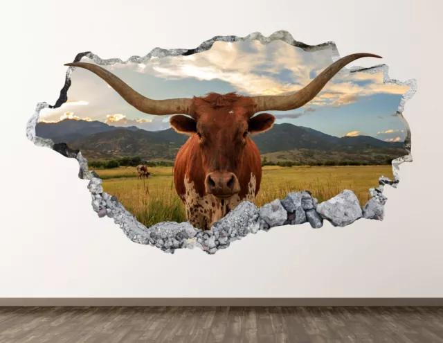 Texas Cow Wall Decal Art Decor 3D Smashed Longhorn Cattle Sticker Room BL1453