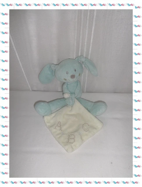C - Doudou Peluche Lapin Bleu/Vert Mouchoir  Blanc A B C   Pommette