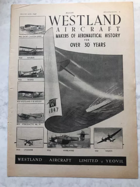 1947 Aircraft Advert WESTLAND AERONAUTICAL HISTORY 30 YEARS WELKIN WHIRLWIND