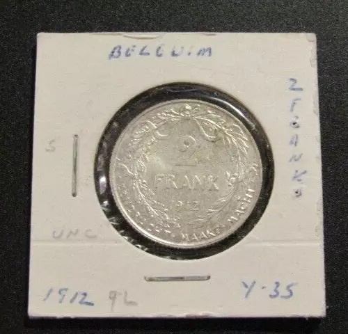 Belgium 1912 2 Francs Silver unc Coin