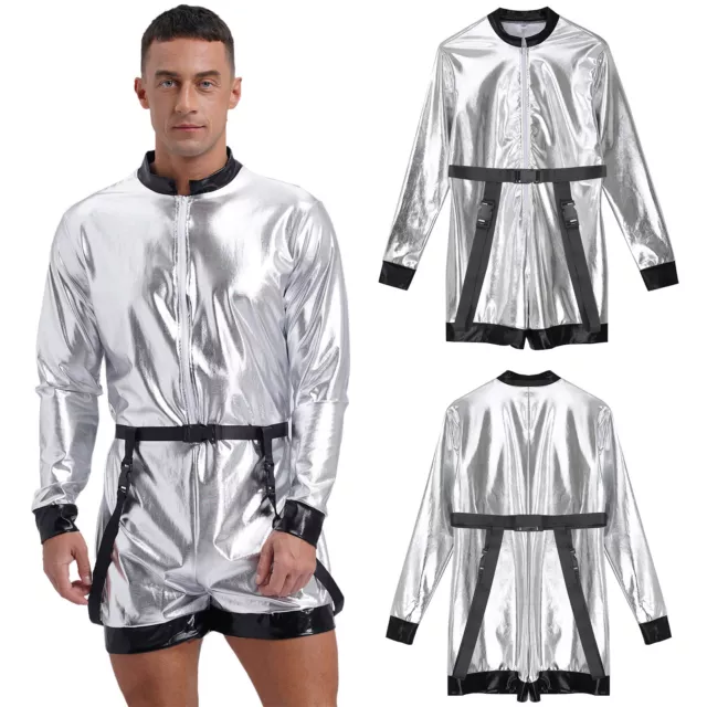 Herren Overall Metallisch Astronaut Kostüm Reißverschluss Vorne Jumpsuit Outfit