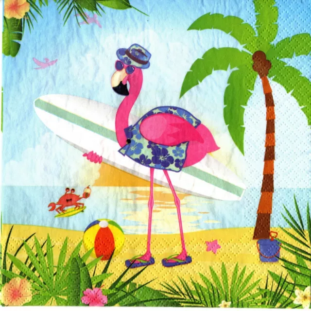 Serviettes En Papier Flamand Rose Surf A La Plage. Paper Napkins Flamingo Surf