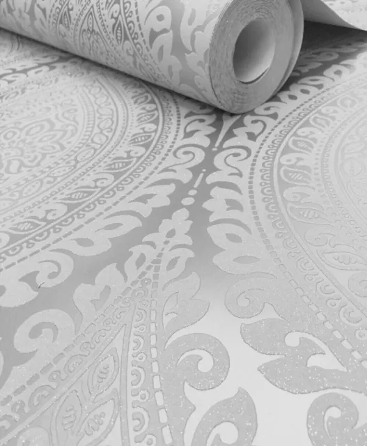 STUNNING Silver & Grey With Silver Glitter, Damask Design, Blown Vinyl Wallpaper