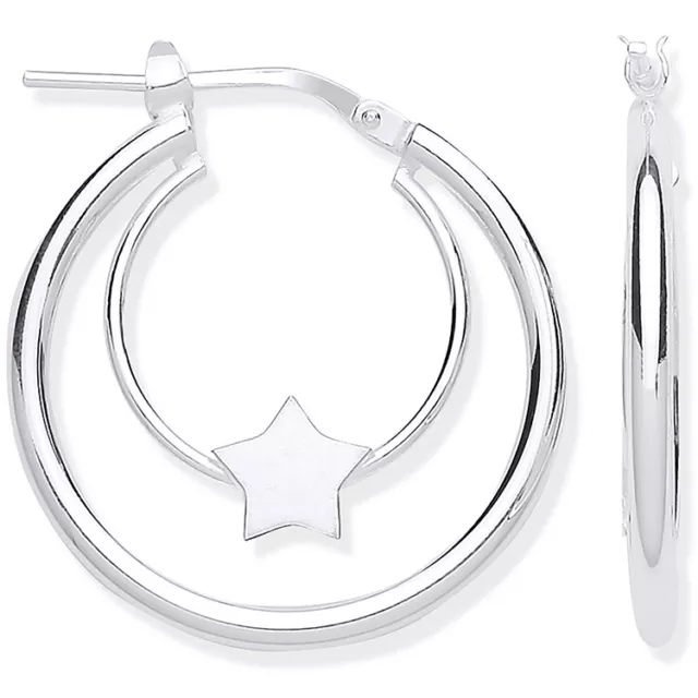 Silver Hoop Earrings 925 Hallmarked 25Mm Mirror Finish Star Cradle Design