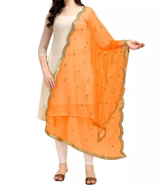 Bestickt Mirrorwork Orange Netz Dupatta Stola Handmade Künstlerisch Damen Ethno