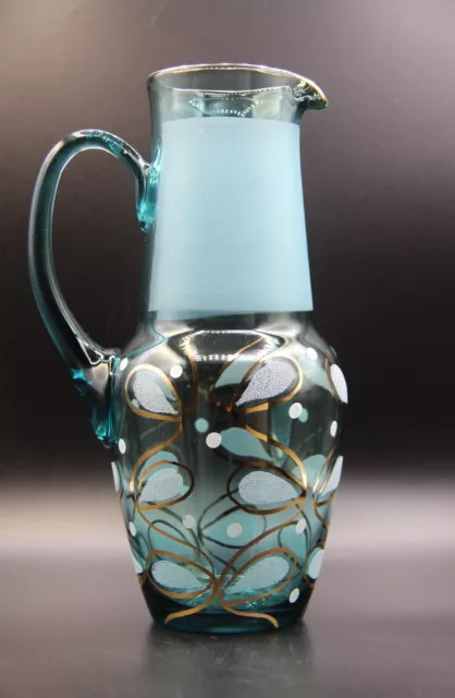 Vintage Mid Century Modern 1960s Teal or Turquoise Glass Jug or Pitcher