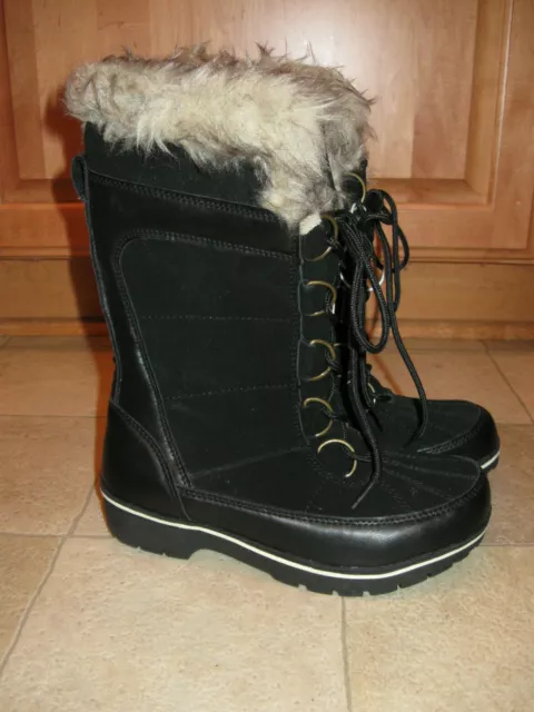 NEW Womens Merona Neida Black Leather Faux Fur Trimmed Winter Boots Size 6