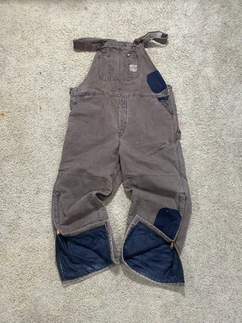 Mens 44X30 Carhartt R27 CHT Double Knee Duck Canvas Work Bib Overalls Quilted