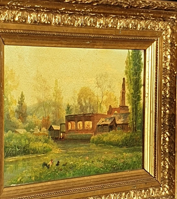 Tableau ancien signée. Paysage animé. Peinture huile sur panneau de bois.