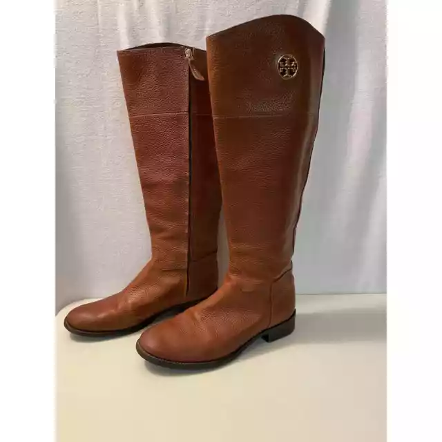 Tory Burch leather tall junction riding boots pebbled almond Gold Logo size 8