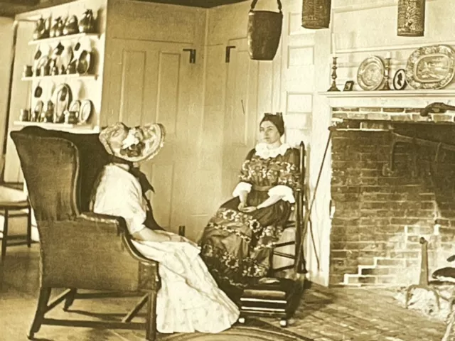 BV Photograph Victorian Era Women Knitting Interior Fireplace Inside Home Candid