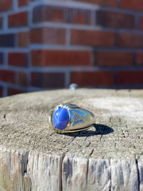 Men’s 14k White Gold Brushed Star Sapphire Gemstone and Diamond Ring Size 6.75