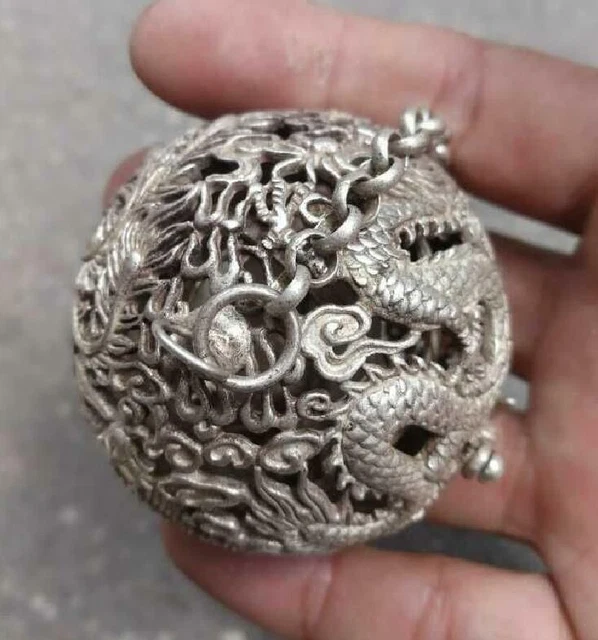 Old tibet silver plated carved hollow out dragon Incense Burners