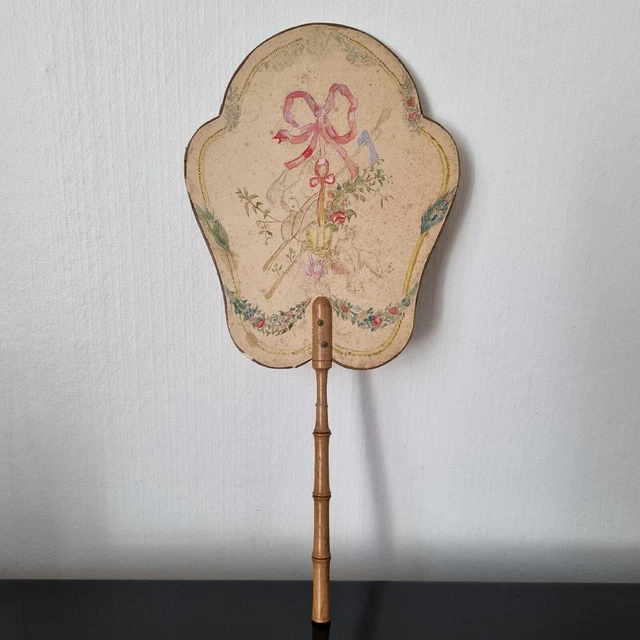 Éventail écran Ancien Napoléon III - Carton Et Bois Doré, 41 Cm, Scène Troubadour