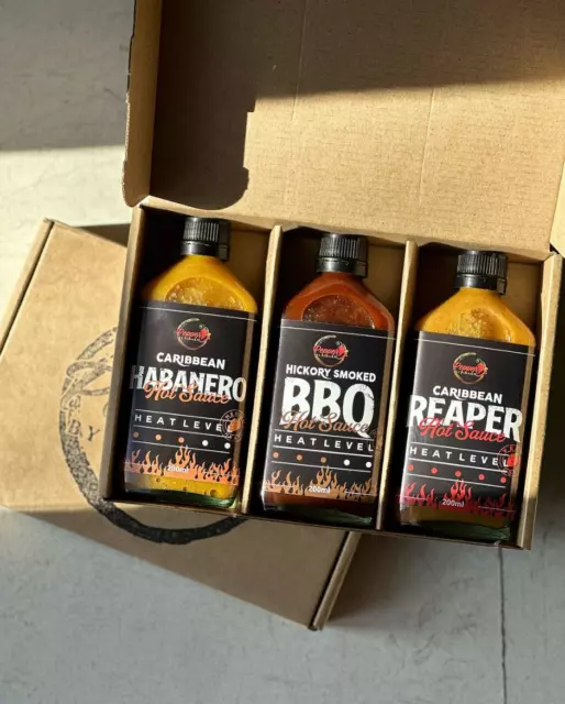 Award Winning Hot Sauce Gift Box 3 pack BBQ, Habanero & very hot Carolina Reaper