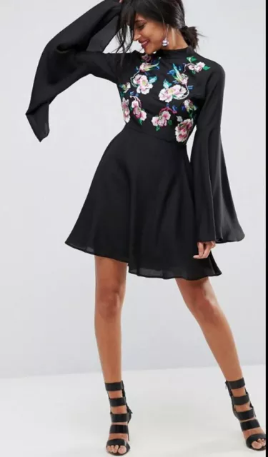 Asos Black Floral Bird Embroidered Bell Sleeve Open Back Skater Dress Us 0 Uk 4 3