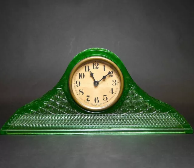 Uranium Glass Vaseline Large Table Clock Green Color Made in USA Vintage Antique 2