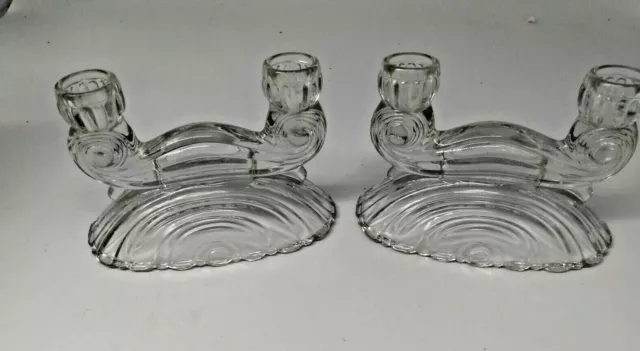 Pair of  Clear Depression Glass Double Candle Holders - Seashell