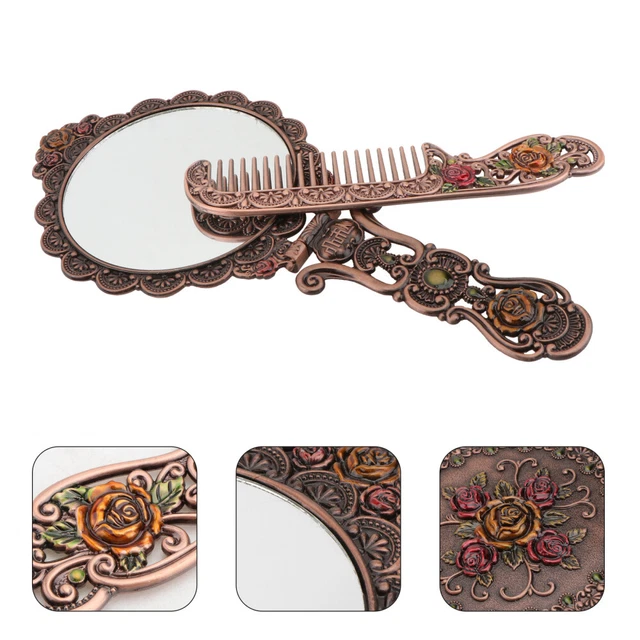 2-teiliges Vintage-Set: Metall-Kamm & Spiegel Im Russischen Schloss-Design – Tragbares Beauty-Tool (Kupfer)