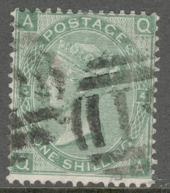 Queen Victoria SG 101 - 1/- Green - SCARCER PLATE 4 - EMBLEMS - Used (Cat £200).