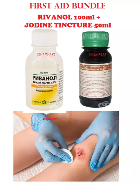 Antiseptic wound iodine tincture, Rivanol 0.1 100 ml. First Aid desinfection kit