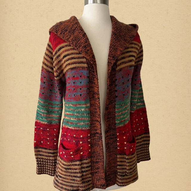 Vintage 70s Patterned Knit Long Open Cardigan Hooded Sweater, Tagged Medium Jr.