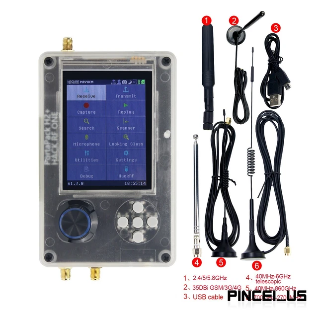 HackRF One R9 V1.7.0 + Upgraded PortaPack H2 + Plastic Shell + 5 Antennas +Cable
