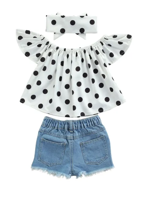 Kids Girls Polka Dot Outfits Set Tops + Shorts + Headband Summer Suits Clothes