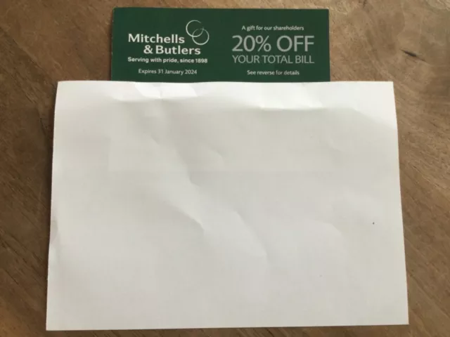 1 x A4 Sheet Of Paper And Mitchells & Butlers Voucher 20% Off FREEPOST